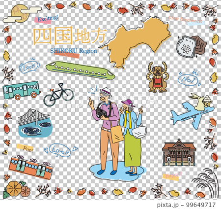 在日本四國地區享受秋季特色觀光的老年夫婦，一組圖標（畫線） 99649717