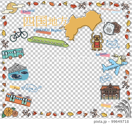 A set of autumn specialty sightseeing icons in the Shikoku region of Japan (line drawing) 99649718