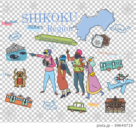 日本の四国地方の冬の名物観光を楽しむ観光客、アイコンのセット(線画) 日本の四国地方の冬の名物観光を楽しむ観光客、アイコンのセット(線画) 99649719