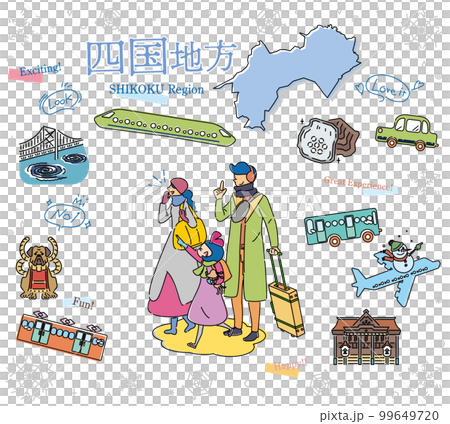 日本の四国地方の冬の名物観光を楽しむ三人家族、アイコンのセット(線画) 日本の四国地方の冬の名物観光を楽しむ三人家族、アイコンのセット(線画) 99649720