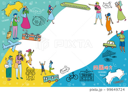 日本の四国地方の夏の名物観光を楽しむ観光客、アイコンのセット(線画) 日本の四国地方の夏の名物観光を楽しむ観光客、アイコンのセット(線画) 99649724