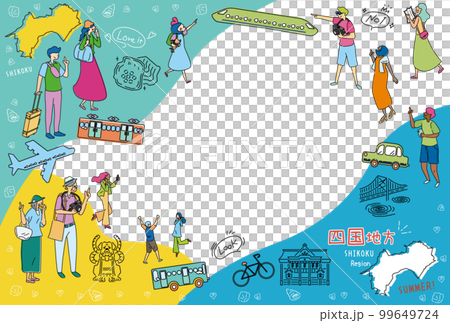 Tourists enjoying summer specialties sightseeing in the Shikoku region of Japan, set of icons (line drawing) 99649724