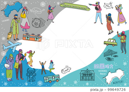 日本の四国地方の冬の名物観光を楽しむ観光客、アイコンのセット(線画) 日本の四国地方の冬の名物観光を楽しむ観光客、アイコンのセット(線画) 99649726