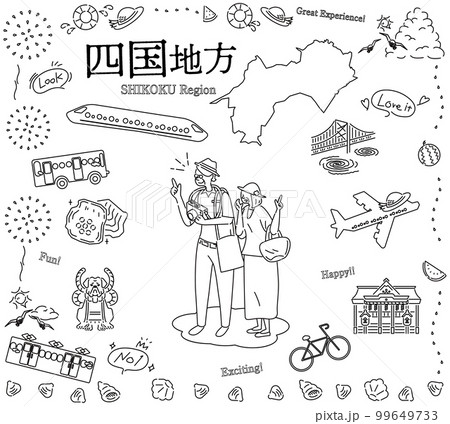 日本の四国地方の夏の名物観光を楽しむシニア夫婦、アイコンのセット（線画白黒） 99649733