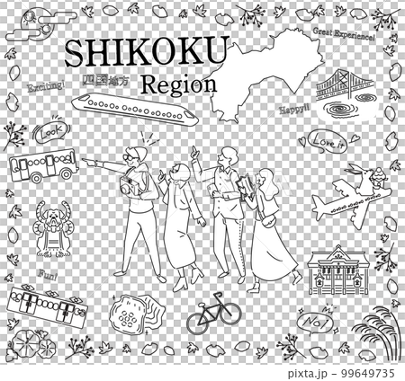 Tourists enjoying the autumn specialty sightseeing in the Shikoku region of Japan, a set of icons (line drawing black and white) Tourists enjoying the autumn specialty sightseeing in the Shikoku region of Japan, a set of icons (line drawing black and white) 99649735