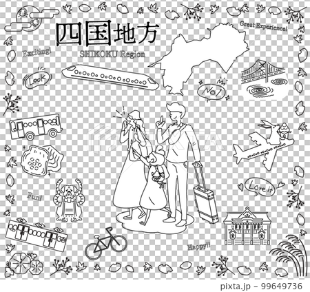 A family of three who enjoys autumn specialty sightseeing in the Shikoku region of Japan, a set of icons (line drawing black and white) A family of three who enjoys autumn specialty sightseeing in the Shikoku region of Japan, a set of icons (line drawing black and white) 99649736