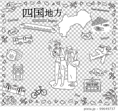 Senior couple enjoying autumn specialty sightseeing in Shikoku region of Japan, set of icons (line drawing black and white) 99649737