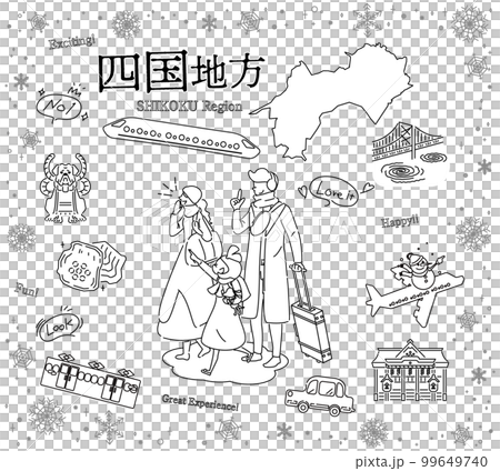 日本の四国地方の冬の名物観光を楽しむ三人家族、アイコンのセット（線画白黒） 99649740