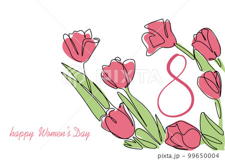 Banner-postcard with International Women's Day. Illustration in pink with tulips and the number 8 . 99650004