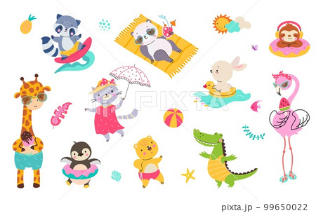 Cute summer animals, raccoon surfer and sloth panda resting beach. Traveling fun activities, happy giraffe flaming eating ice cream, nowaday recent animal characters Cute summer animals, raccoon surfer and sloth panda resting beach. Traveling fun activities, happy giraffe flaming eating ice cream, nowaday recent animal characters 99650022