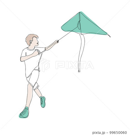 The boy holds a kite in his hand. The boy runs with a kite in his hand. Modern graphic design with continuous drawing line The boy holds a kite in his hand. The boy runs with a kite in his hand. Modern graphic design with continuous drawing line 99650060