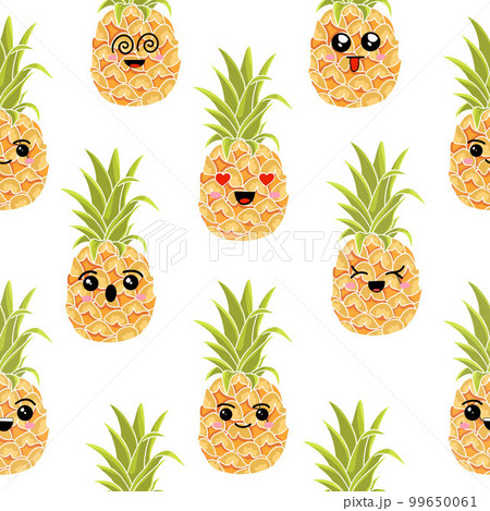 Seamless pattern of pineapples with different emotions. Color illustrations on a white background. Seamless pattern of pineapples with different emotions. Color illustrations on a white background. 99650061