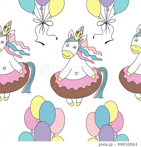 Seamless pattern with unicorn princess and balloons. Vector illustration. 99650063