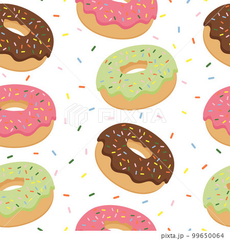 Seamless pattern of bright donuts. Vector illustration of desserts. Collection of sweet pastries 99650064