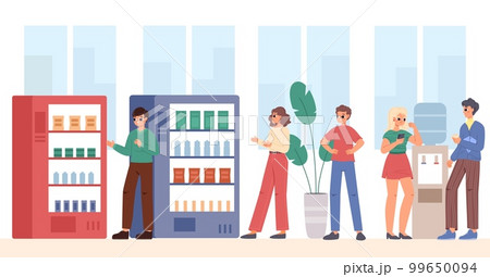 Students, young office workers buy food on vending machine, drinking and talking near water cooler. Happy cartoon flat teenagers vector characters 99650094