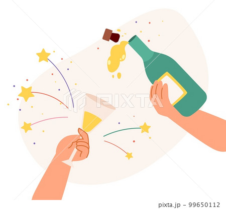 Party celebrating, birthday, anniversary festive poster. Hand with champagne pour wine in glass. Positive happy celebrate, vector illustration Party celebrating, birthday, anniversary festive poster. Hand with champagne pour wine in glass. Positive happy celebrate, vector illustration 99650112