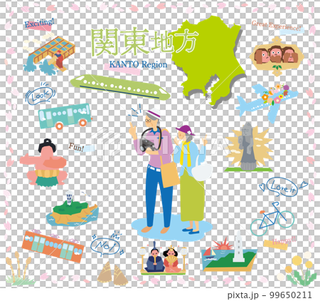 在日本關東地區享受春季特別觀光的老年夫婦，一組圖標（扁平） 99650211