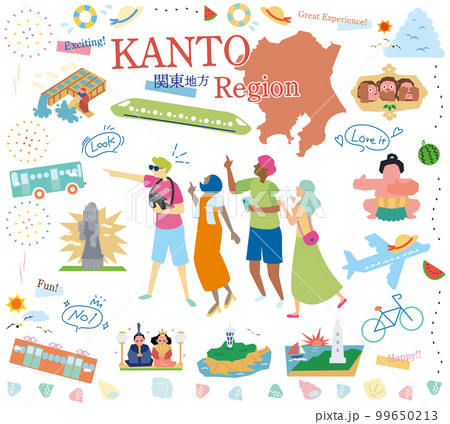日本の関東地方の夏の名物観光を楽しむ観光客、アイコンのセット（フラット） 99650213