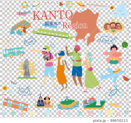 日本の関東地方の夏の名物観光を楽しむ観光客、アイコンのセット（フラット） 99650213