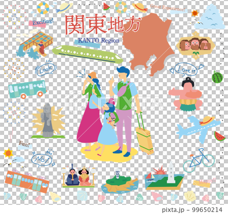 一家三口在日本關東地區享受夏季特色觀光，一組圖標（平面） 99650214