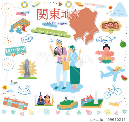 日本の関東地方の夏の名物観光を楽しむシニア夫婦、アイコンのセット（フラット） 99650215