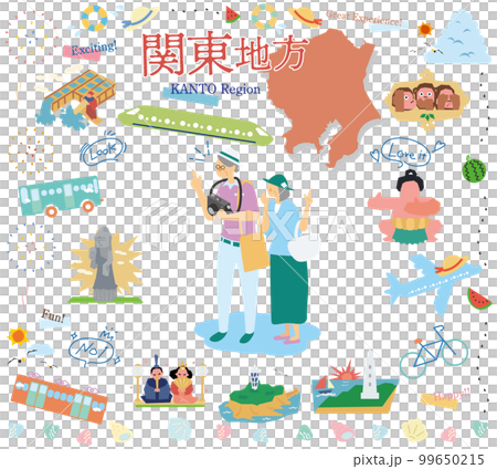 日本の関東地方の夏の名物観光を楽しむシニア夫婦、アイコンのセット（フラット） 99650215