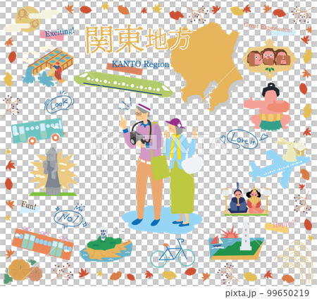 在日本關東地區享受秋季特色觀光的老年夫婦，一組圖標（扁平） 99650219