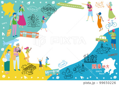 日本の関東地方の夏の名物観光を楽しむ観光客、アイコンのセット(フラット) 日本の関東地方の夏の名物観光を楽しむ観光客、アイコンのセット(フラット) 99650226