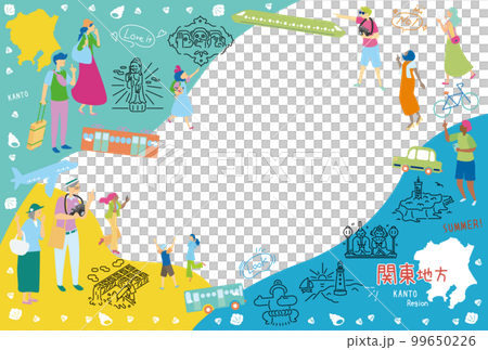 日本の関東地方の夏の名物観光を楽しむ観光客、アイコンのセット(フラット) 日本の関東地方の夏の名物観光を楽しむ観光客、アイコンのセット(フラット) 99650226