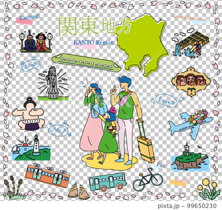 在日本關東地區享受春天特別觀光的一家三口，一組圖標（線描） 99650230