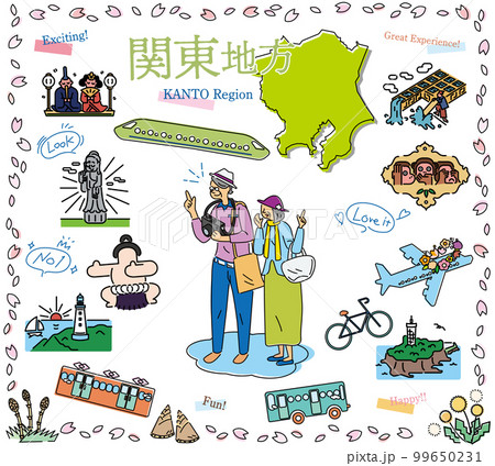 日本の関東地方の春の名物観光を楽しむシニア夫婦、アイコンのセット（線画） 99650231