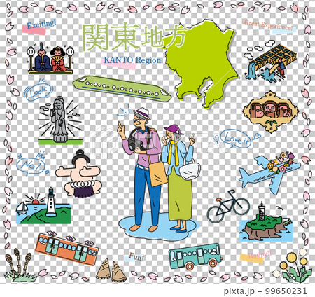 日本の関東地方の春の名物観光を楽しむシニア夫婦、アイコンのセット（線画） 99650231