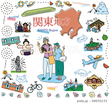 日本の関東地方の夏の名物観光を楽しむシニア夫婦、アイコンのセット（線画） 99650235