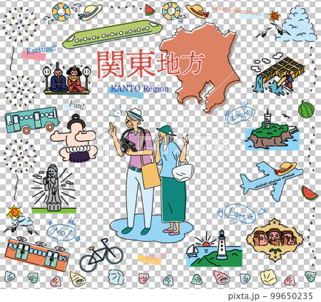 日本の関東地方の夏の名物観光を楽しむシニア夫婦、アイコンのセット（線画） 99650235