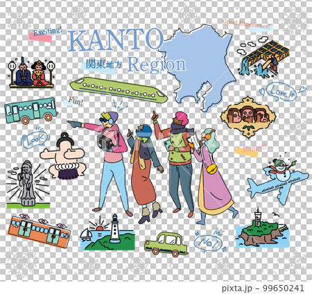 Tourists who enjoy sightseeing in winter in the Kanto region of Japan, a set of icons (line drawing) 99650241