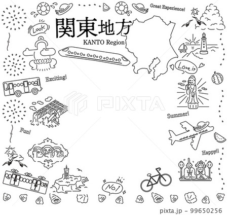 日本の関東地方の夏の名物観光のアイコンのセット（線画白黒） 99650256