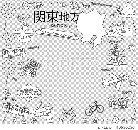日本の関東地方の夏の名物観光のアイコンのセット（線画白黒） 99650256