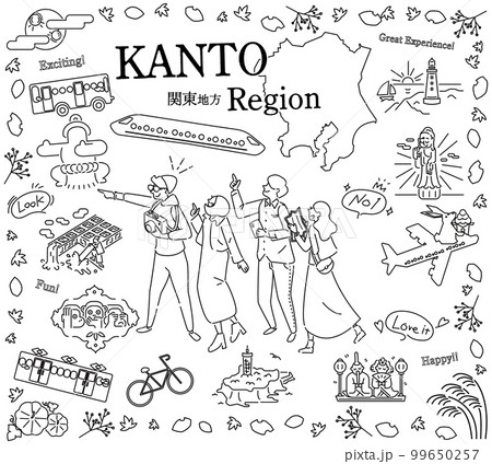 日本の関東地方の秋の名物観光を楽しむ観光客、アイコンのセット（線画白黒） 99650257