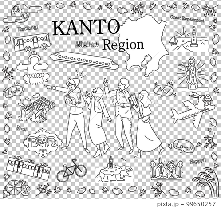 日本の関東地方の秋の名物観光を楽しむ観光客、アイコンのセット（線画白黒） 99650257