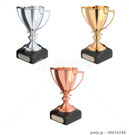 Golden, silver and bronze trophy set 3D illustration 99650288