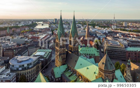 Bremen, Germany. Aerial View on Historical Center of Bremen, Marktplatz at Sunrise. 99650305