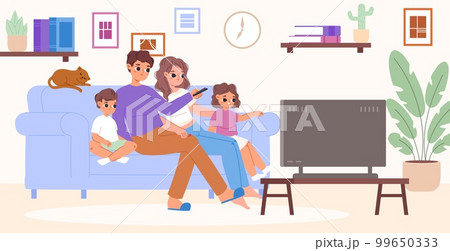 Family watching tv sitting on sofa. Watch movie in living room together. Adults and children relax at home on couch, snugly cartoon vector scene 99650333