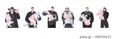 People in black hold white pets. Animal hair on dark clothes, happy business characters with cats and dogs. Funny owners, fur kitty and puppy kicky vector set People in black hold white pets. Animal hair on dark clothes, happy business characters with cats and dogs. Funny owners, fur kitty and puppy kicky vector set 99650421