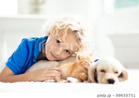 Child, dog and cat. Kids play with puppy, kitten. Child, dog and cat. Kids play with puppy, kitten. 99650751