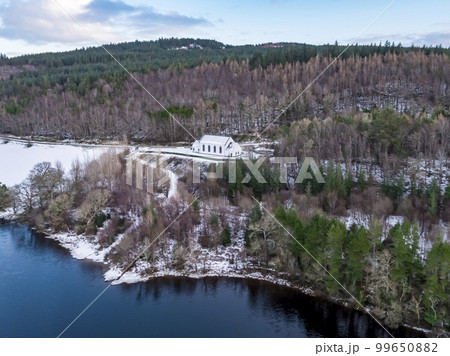 Aerial view of St. Colmcilles church, Glendowan, Lough Gartan, County Donegal - Ireland 99650882