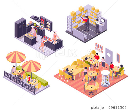 Restaurant Cafe Isometric Interiors Icon Set Restaurant Cafe Isometric Interiors Icon Set 99651503