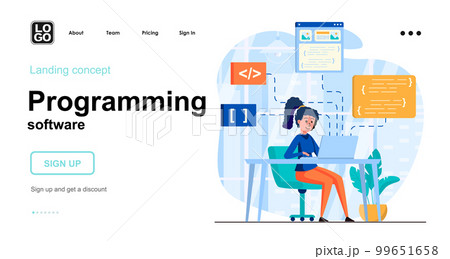 Programming software web concept. Woman coding code, programs in different programming languages. Template of people scene. Vector illustration with character activities in flat design for website 99651658