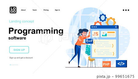Programming software web concept. Woman develops layout of program, creates application interface. Template of people scene. Vector illustration with character activities in flat design for website 99651675