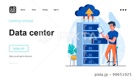Data server web concept. Man engineer maintains work in server room, cloud storage, datacenter. Template of people scene. Vector illustration with character activities in flat design for website Data server web concept. Man engineer maintains work in server room, cloud storage, datacenter. Template of people scene. Vector illustration with character activities in flat design for website 99651925