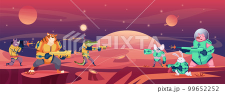 Shooting with aliens. Space universe battle fantasy armored animals shooting exact vector cartoon war background 99652252